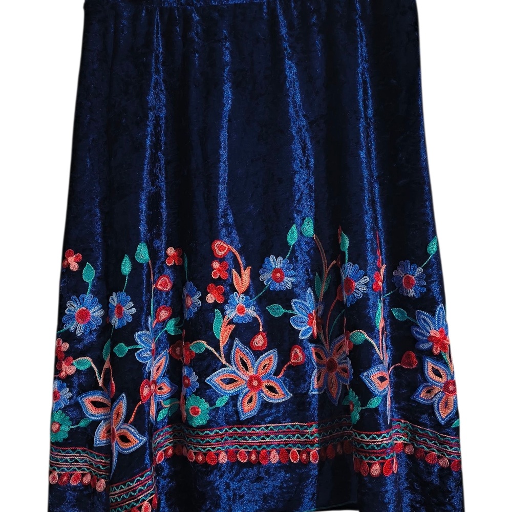 Ashley Blue Velvet Skirt with Colorful Floral Embroidery